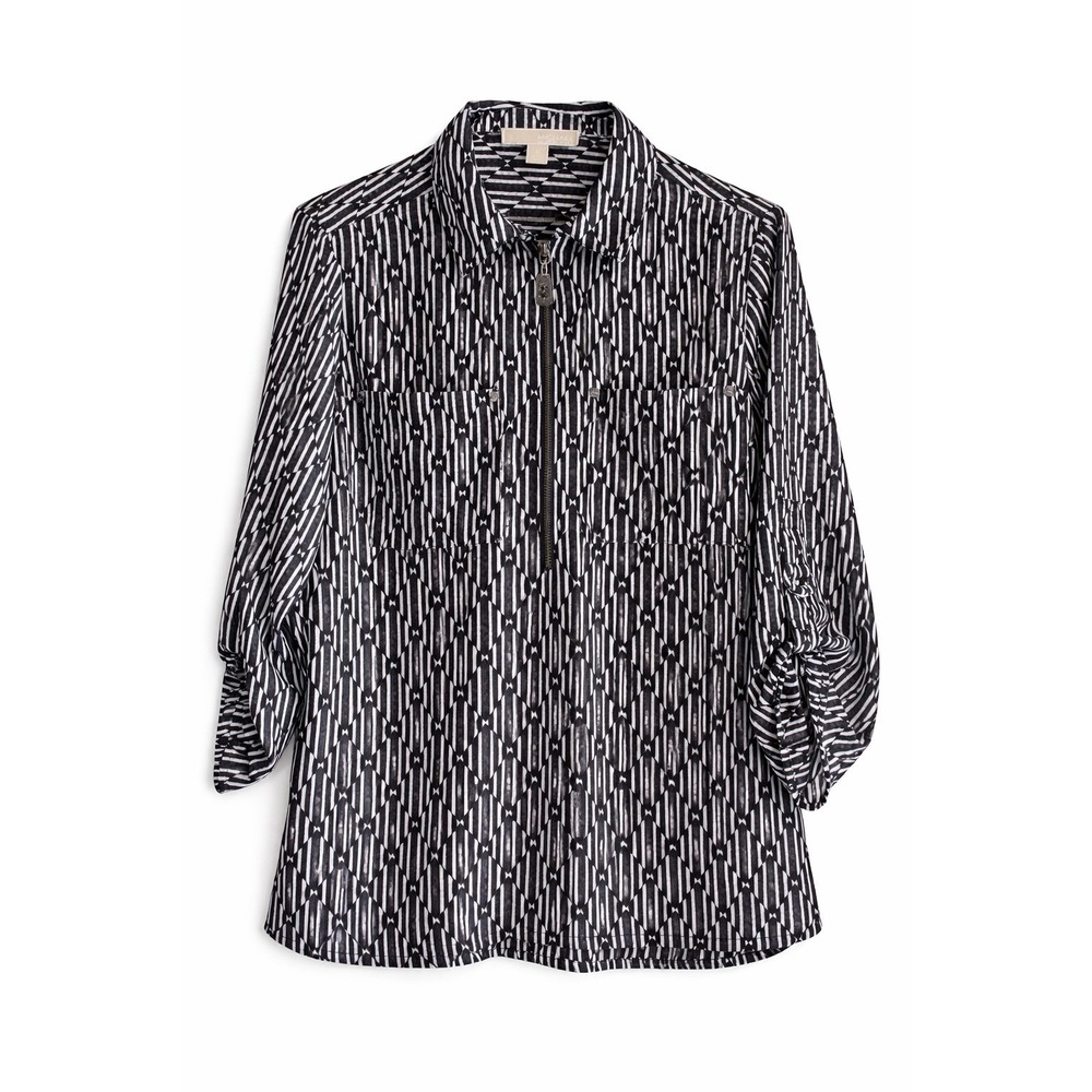 Michael Kors Women Medium Geometric Print Zip Front Tunic Blouse Top Black White